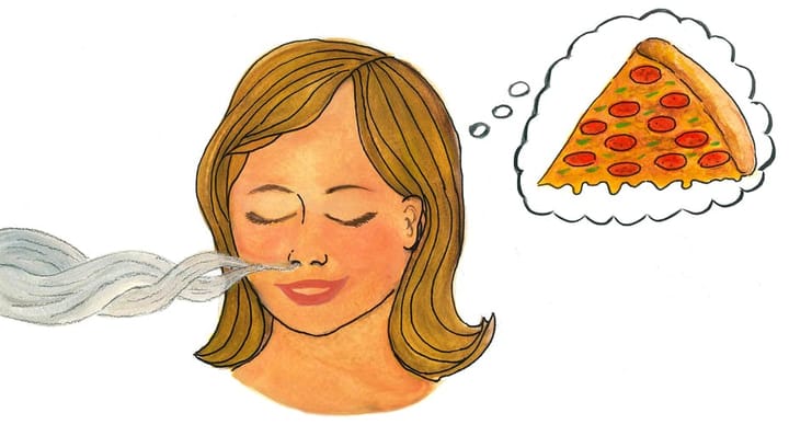 A vapor enters a woman's nose. Her eyes are closed. A thought bubble informs us she is thinking about pizza.